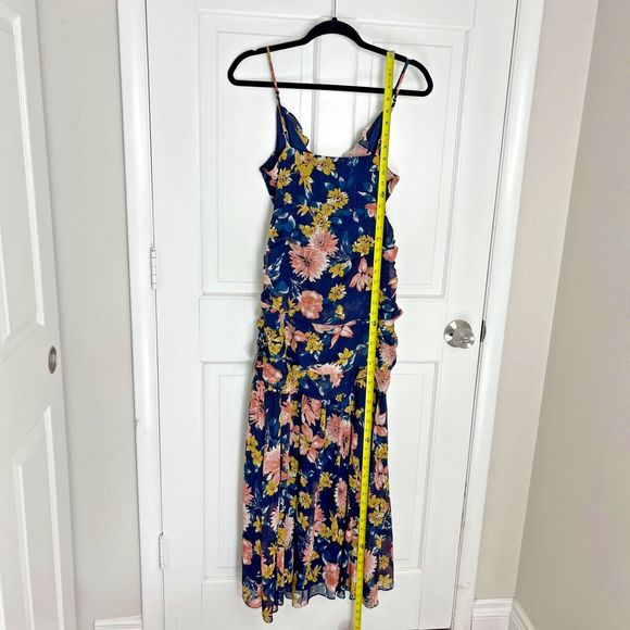 NEW Lulu’s Dress Womens Medium Stunning Soiree Blue Floral Ruched‎ Midi Slit - Picture 7 of 16